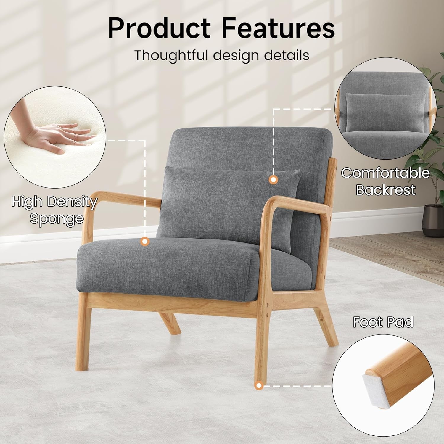 Dark Grey Mid Century Accent Chair Wood Frame Lounge Armchair