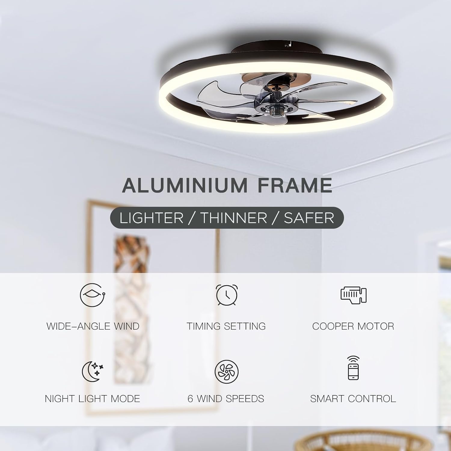 STERREN 20" Bladeless Ceiling Fan with Light, Remote & APP, Flush Mount