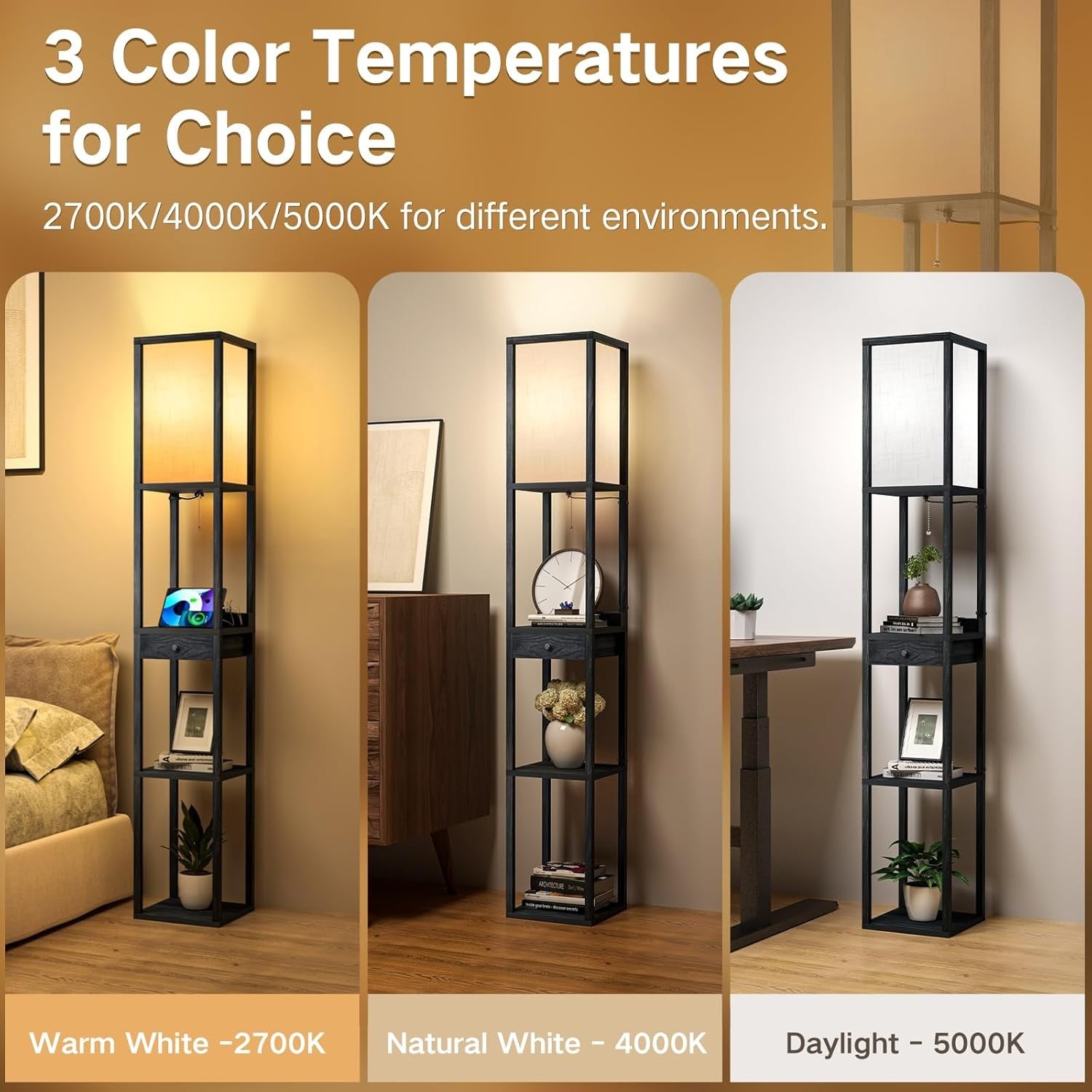 Floor Lamp with Shelves Drawer USB C LED Wooden Standing Storage