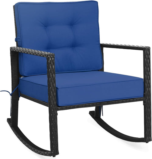 Navy Rattan Outdoor Rocking Chair with Cushions & Armrests Patio Glider
