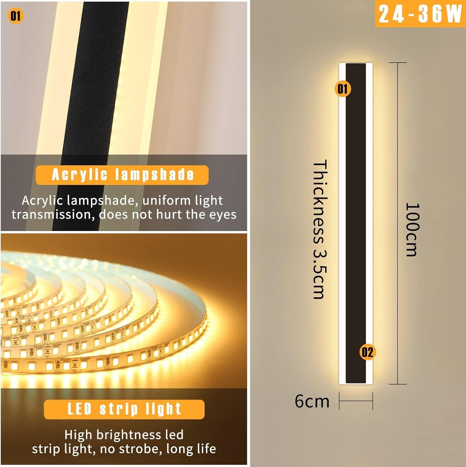 Modern Outdoor Wall Light 35W LED 3000K Warm White, IP65 Waterproof 100CM