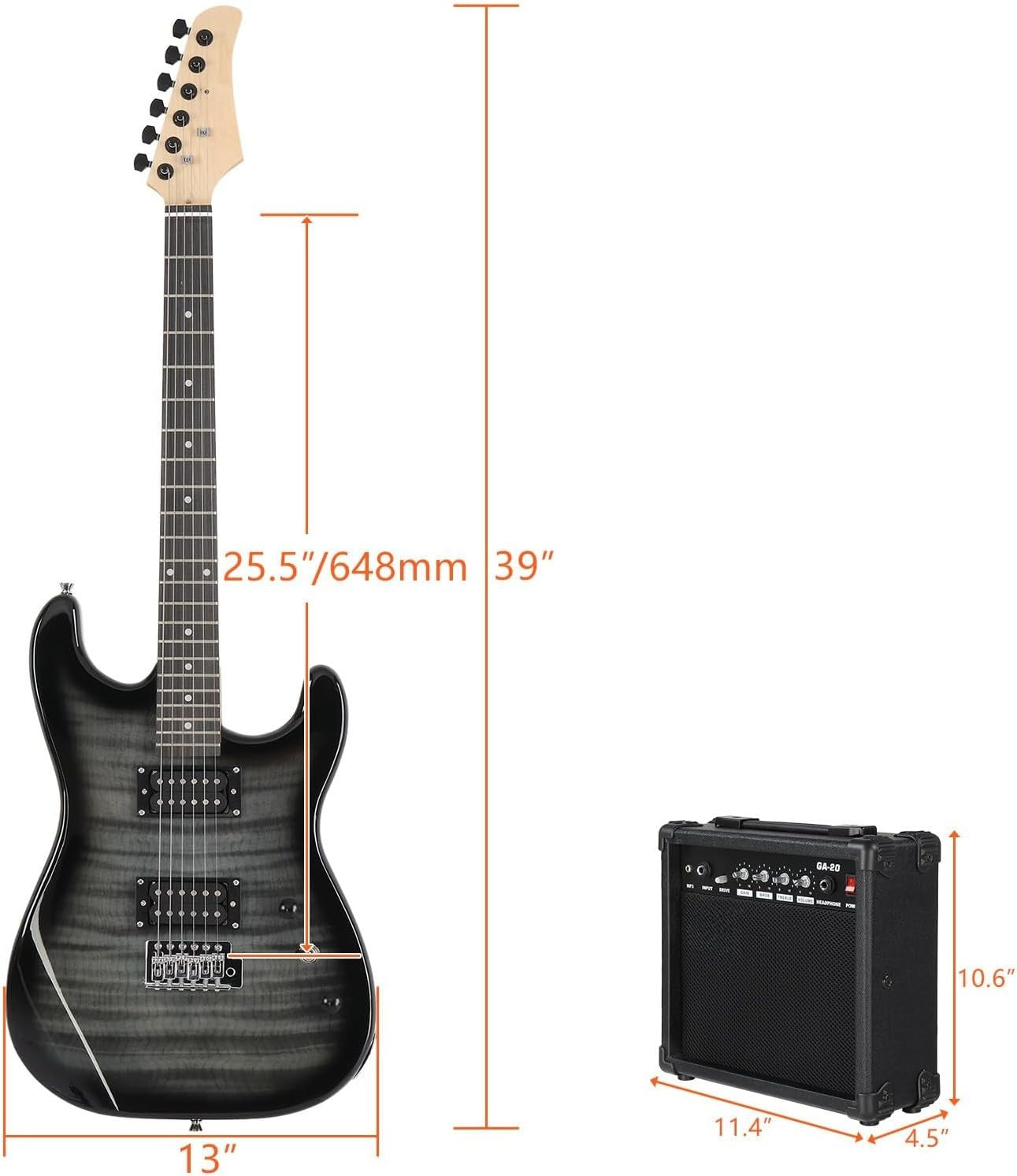 39” Electric Guitar Starter Kit H-H Pickups 20W Amp Black