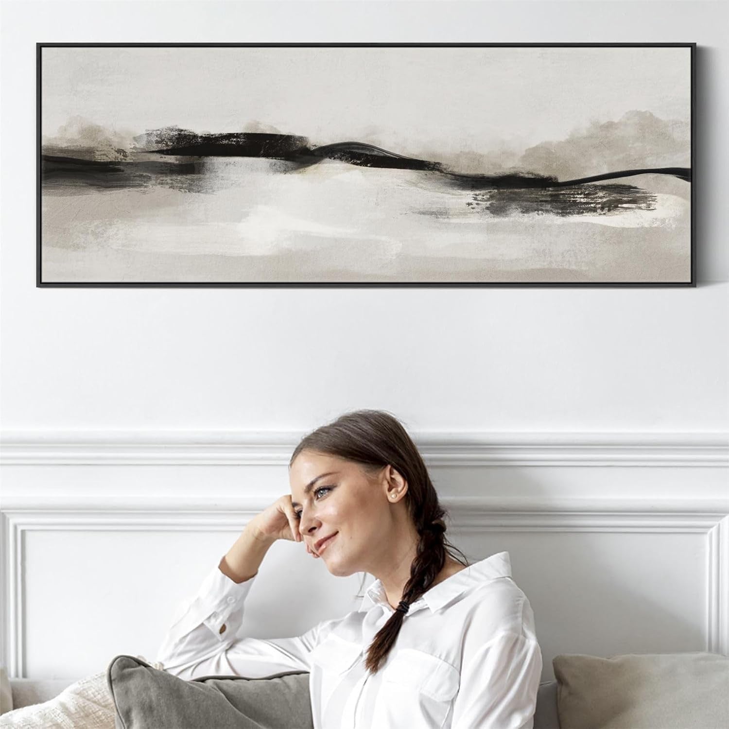 Neutral Greige Panoramic Wall Art – Modern Abstract Horizontal Decor 143x52cm