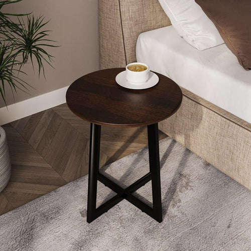 40cm Round Walnut Marble Look Coffee Side End Table Small Modern Steel Legs