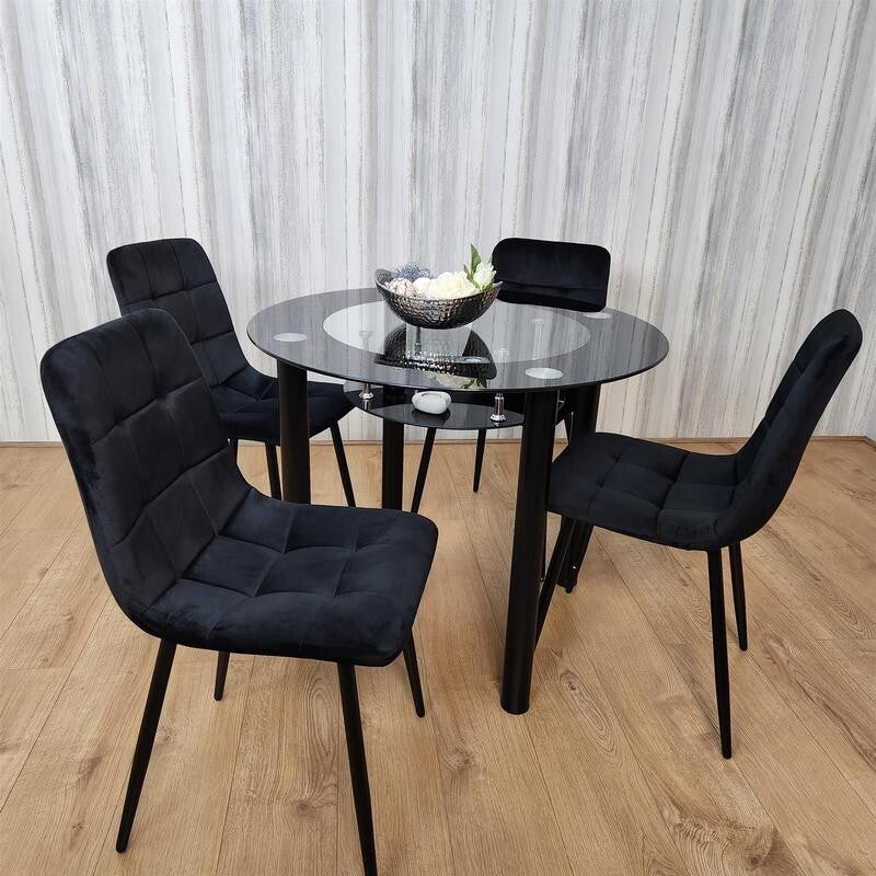 Round Black Glass Dining Table Set with 4 Tufted Chairs Modern Kitchen