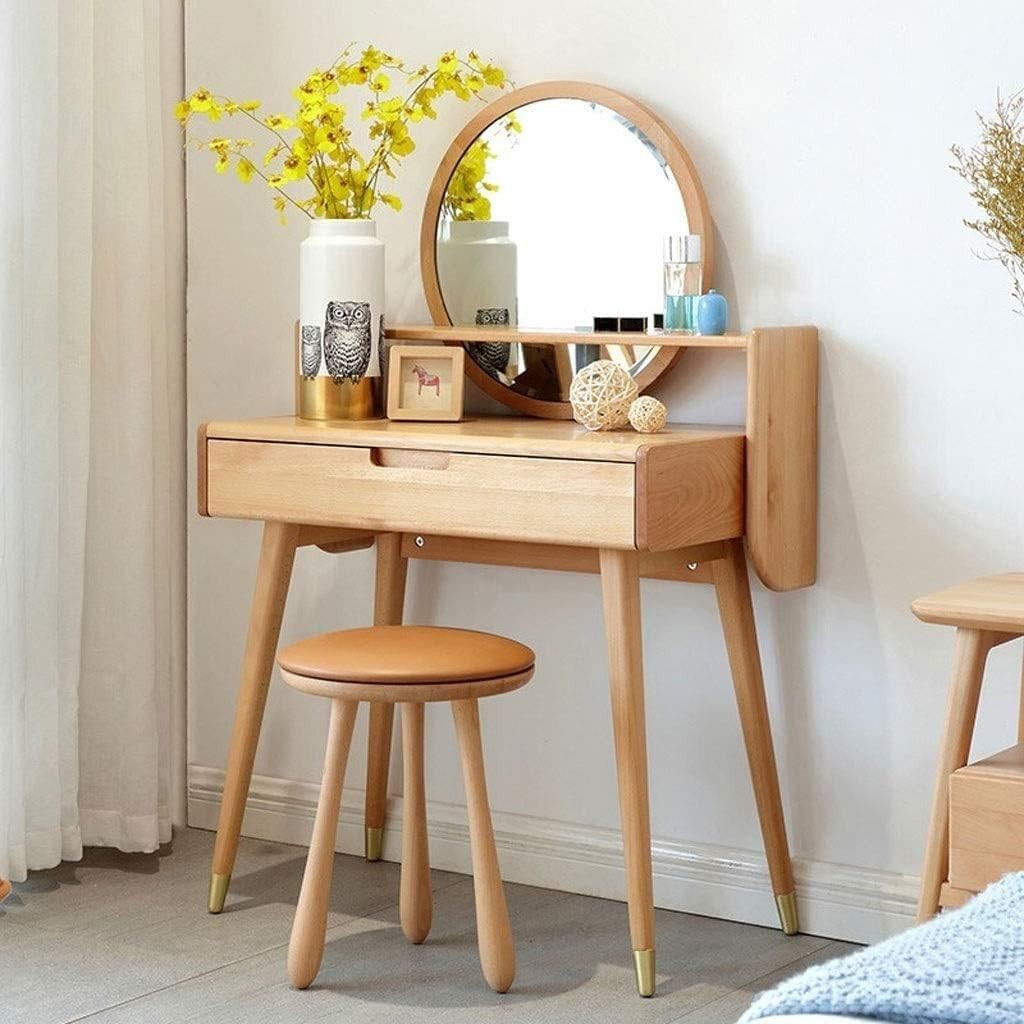 Modern Dressing Table Vanity Set w/ Mirror Stool 1-Drawer Makeup Desk Wood