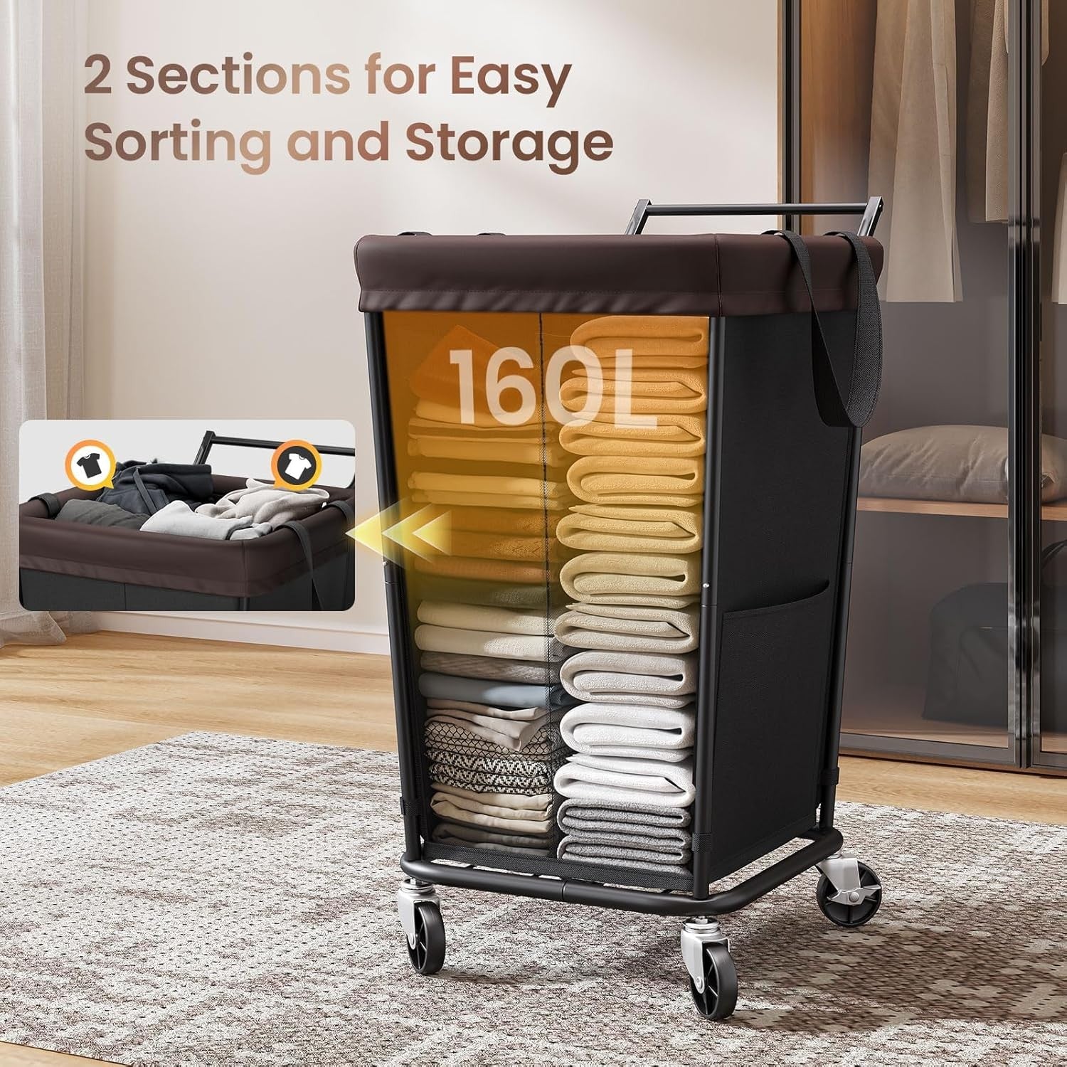 160L Rolling Laundry Hamper on Wheels Large 2 Section Basket with Lid & Handle
