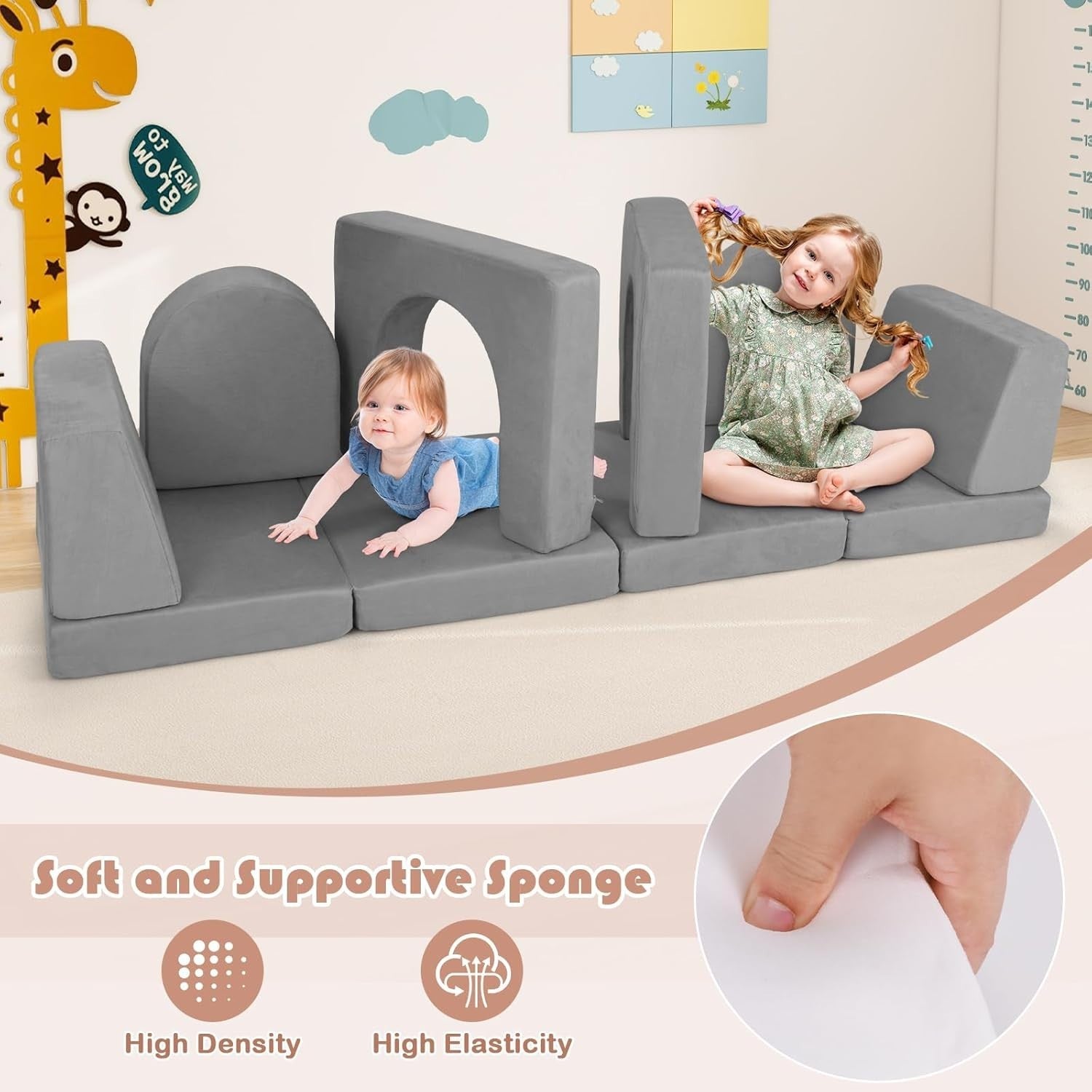 Kids Modular Play Sofa 8pc Couch Bed Set Grey Foam Furniture Washable