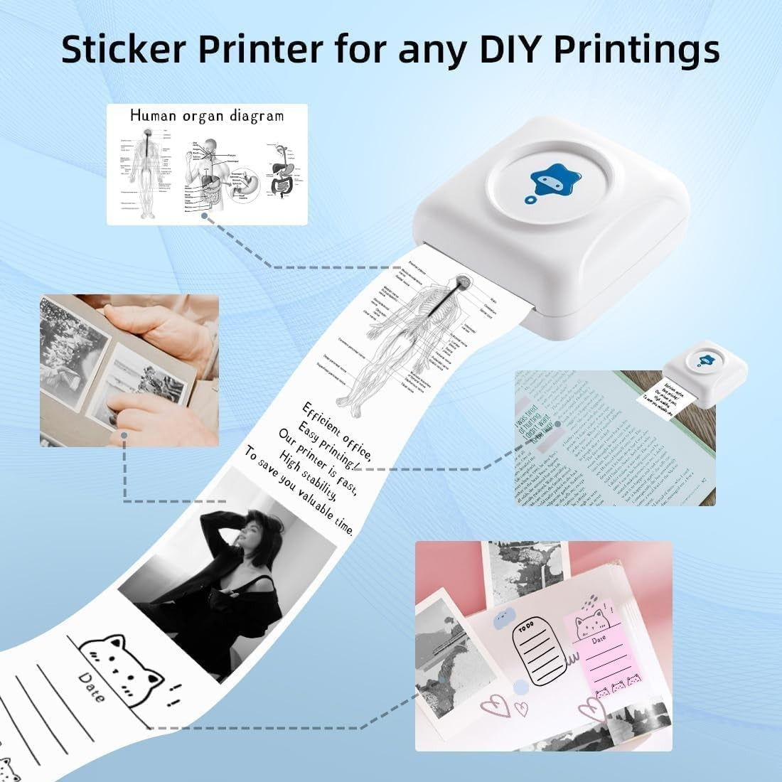 Mini Thermal Printer TP2 Bluetooth Pocket Label Photo Printer Blue White