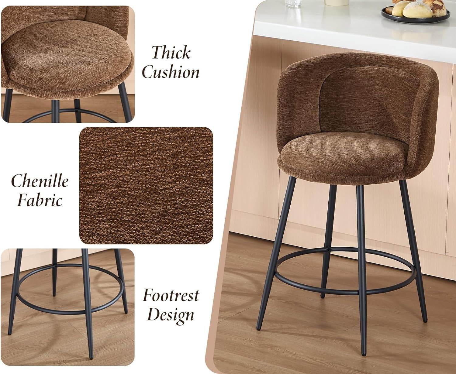 Counter Bar Stools Set of 2 | Brown Chenille L-Shaped Dining Chairs