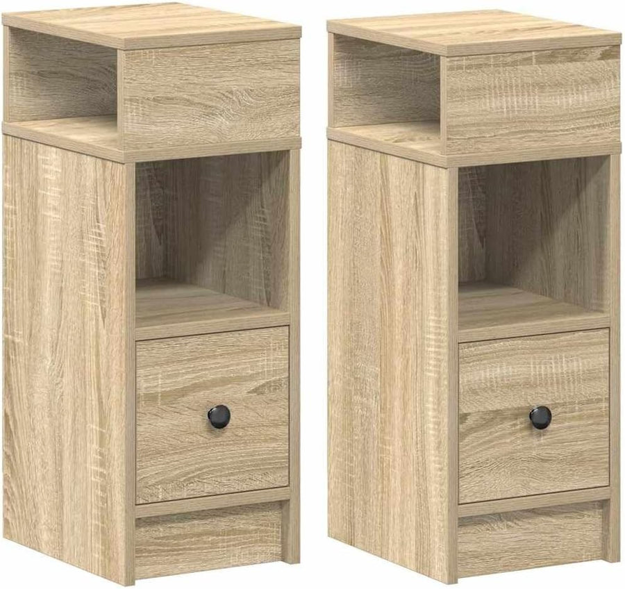 Set of 2 Oak Bedside Tables with Drawer & Shelves | Modern Wood Nightstands
