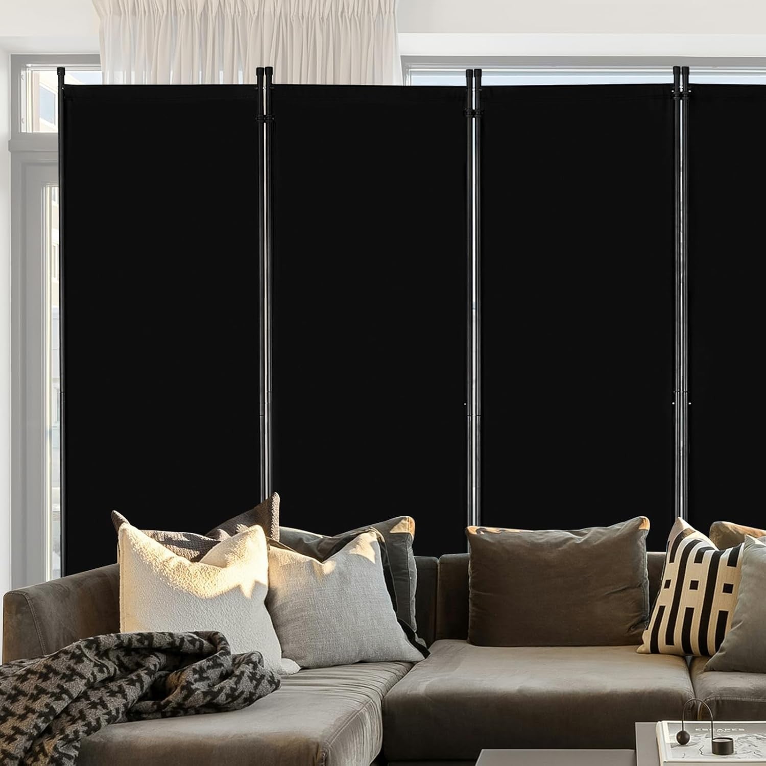6 Panel Folding Room Divider Black Privacy Screen Freestanding 317x181cm