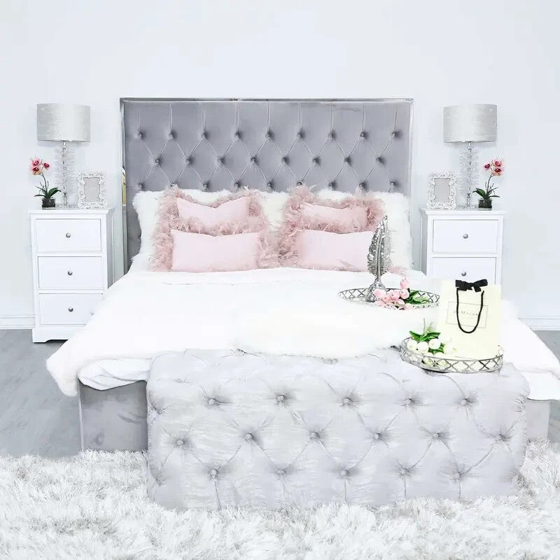 Silver Velvet Tufted Bedroom Bench Long Ottoman End of Bed Seat 112cm