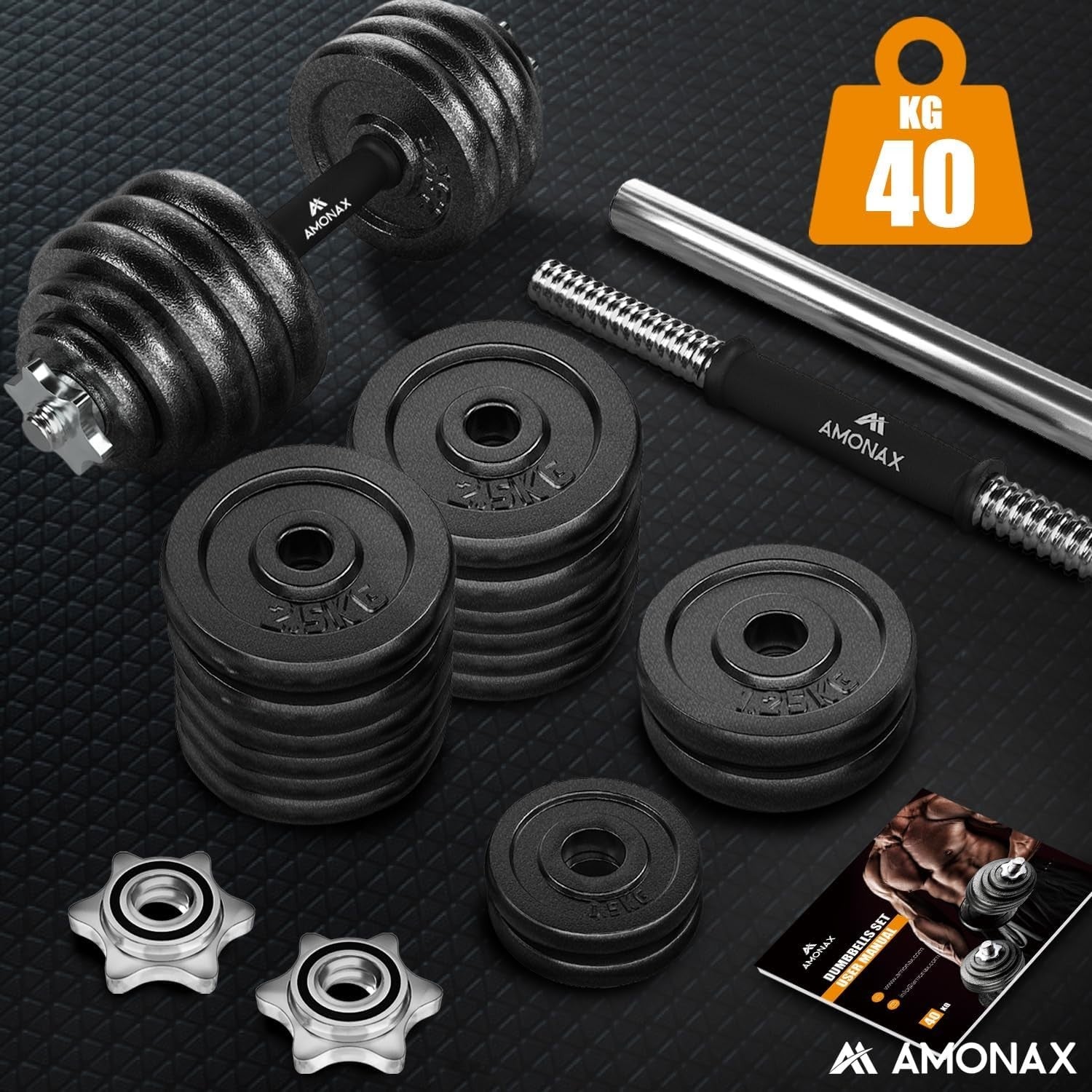 40kg Adjustable Dumbbell & Barbell Set Cast Iron Spinlock Home Gym