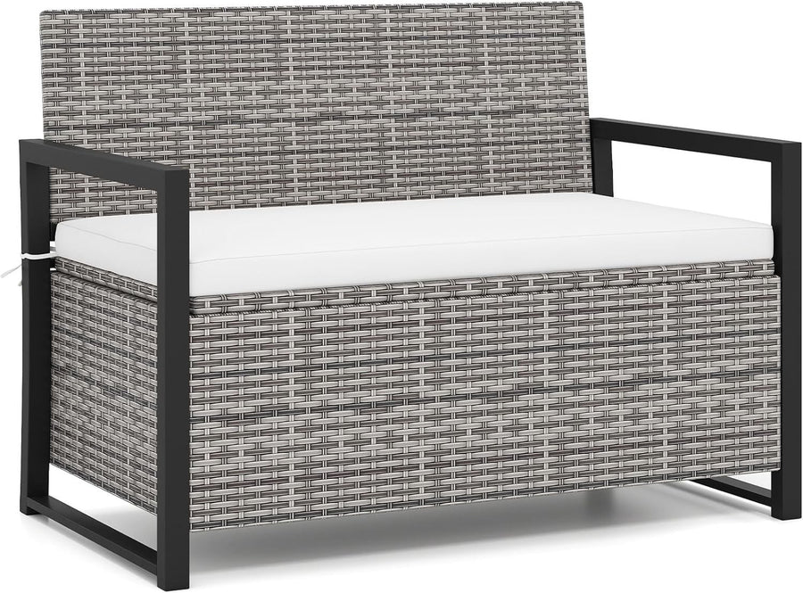 Outdoor 2-Seater PE Rattan Storage Bench with 150L Box & Padded Cushion, Gray