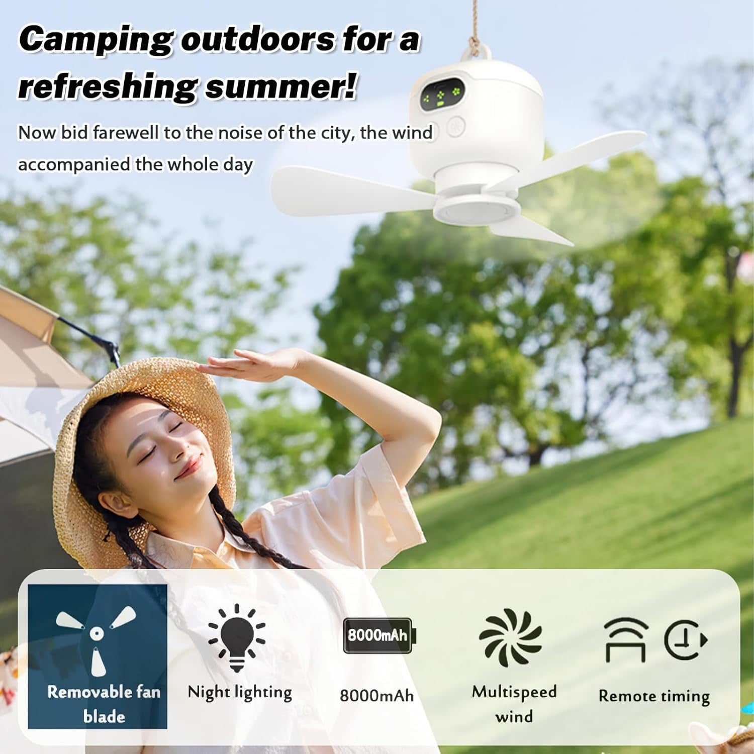 Vulaop 8000mAh Camping Fan with Light, USB Rechargeable, 3-Speed, Remote, Timer