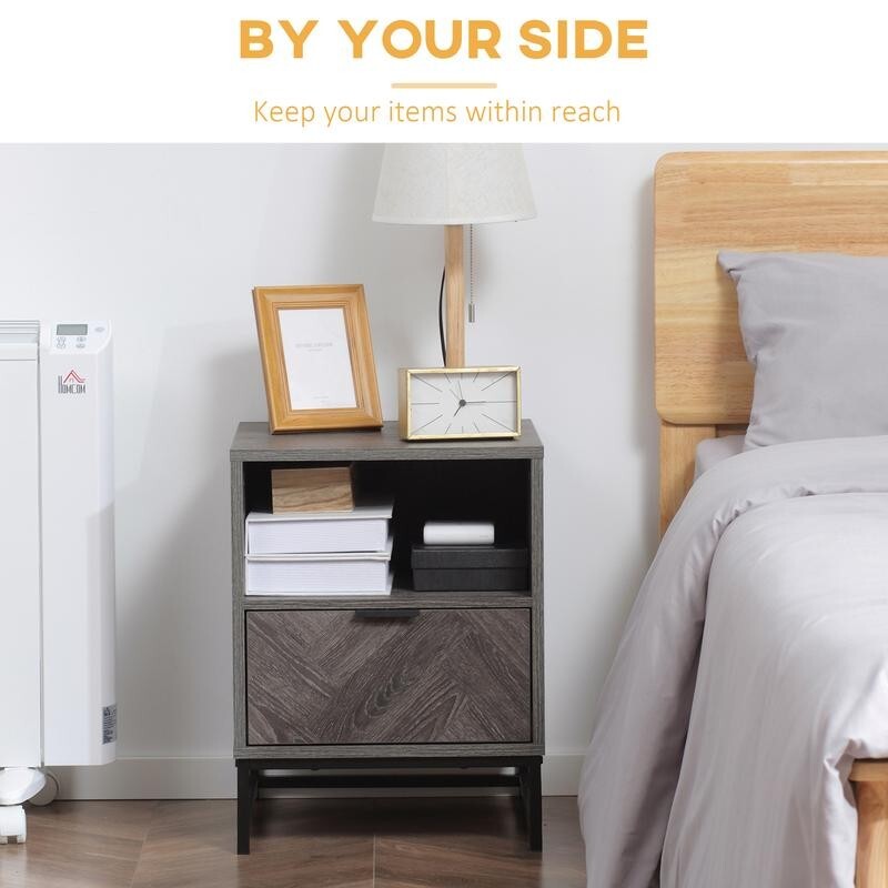 Grey Bedside Table with Drawer & Shelf, Metal Frame, 52cm Tall