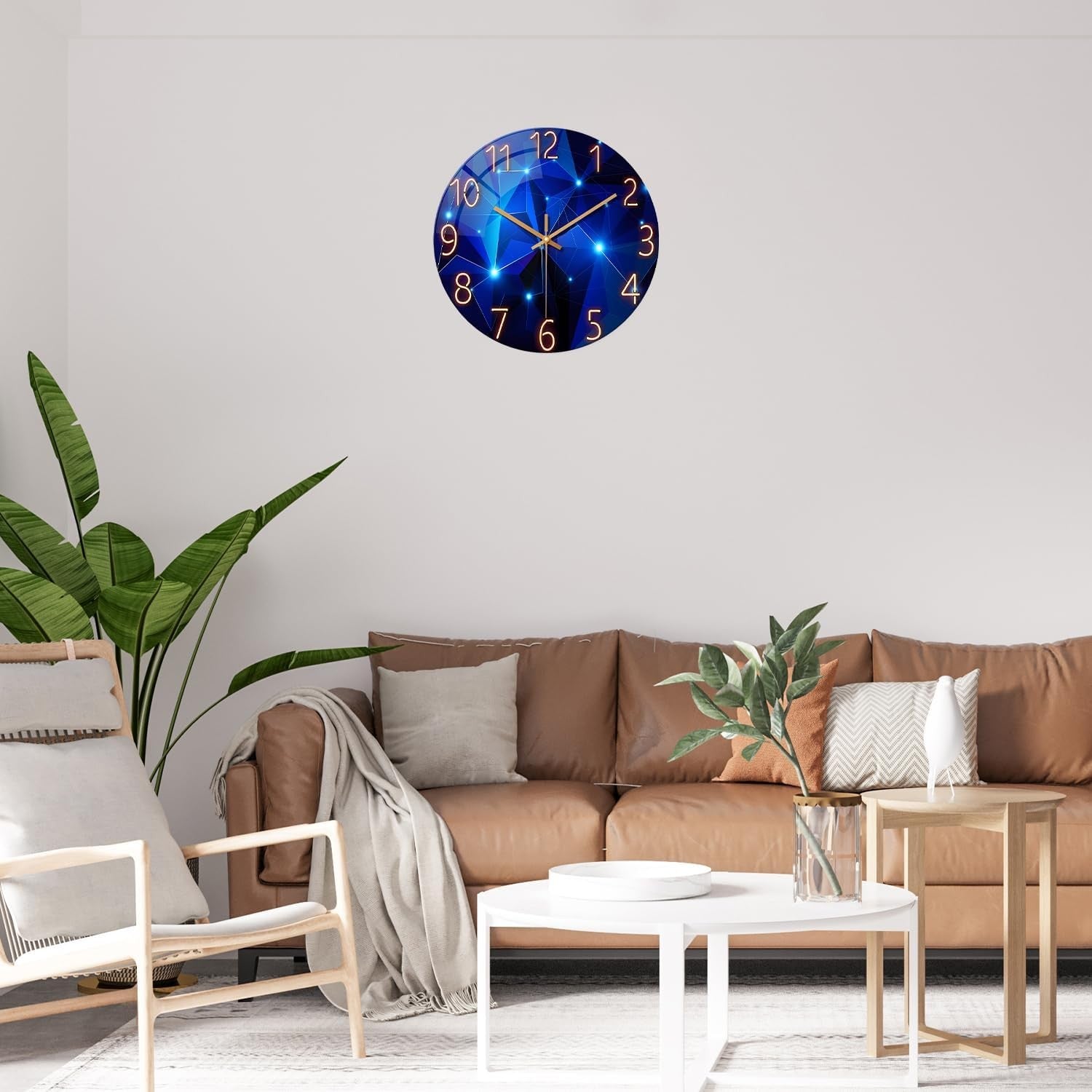 Large 16 Inch Blue Glass Wall Clock Modern Silent Non-Ticking Home Decor