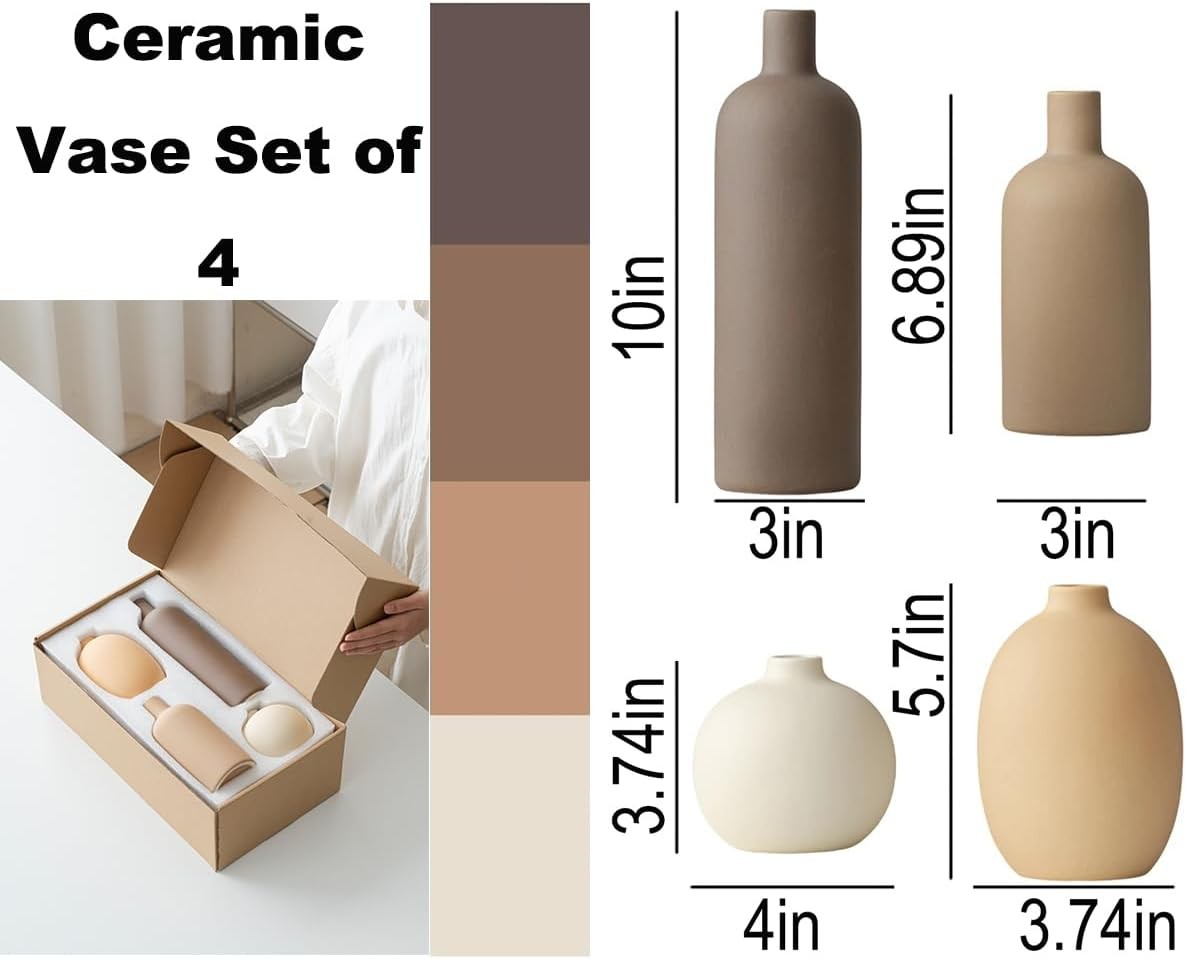 Modern Ceramic Vase Set 4 Neutral Coffee Tones Minimalist Home Decor