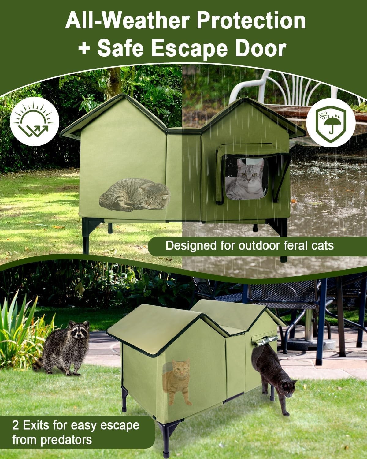 Waterproof Outdoor Cat House Extra Large Shelter with Cushion & Elevated Base
