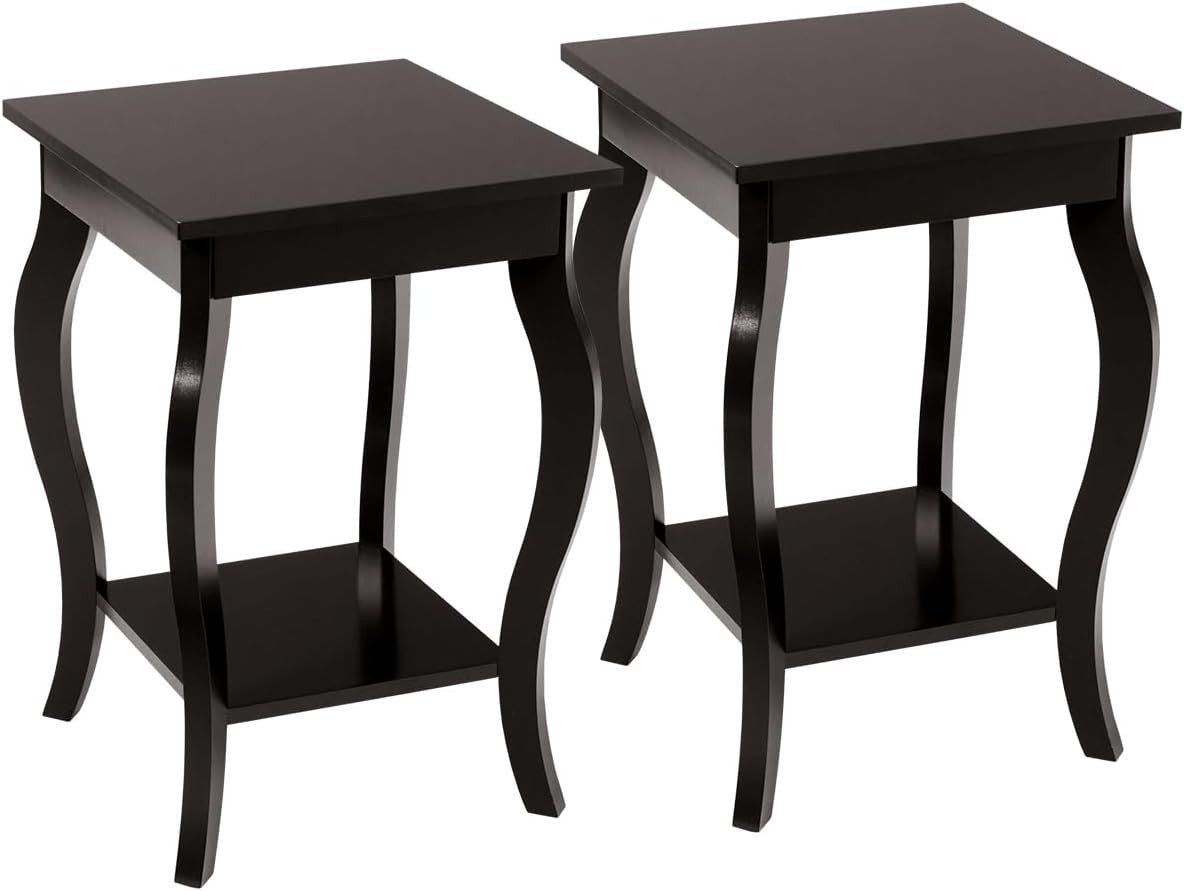 Set of 2 Coffee Brown Wooden Bedside Tables – Modern 2-Tier Side Tables 40×40×60