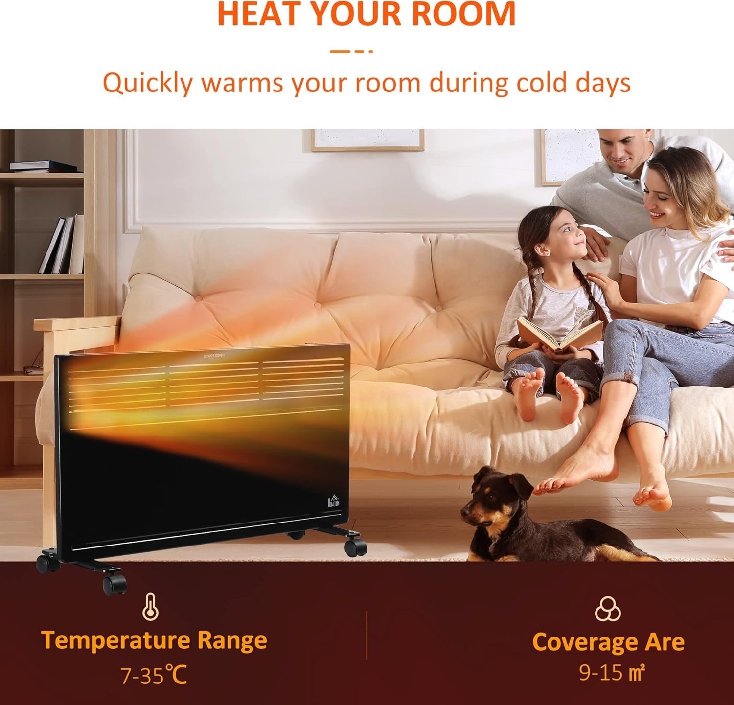 650W/1300W Portable Convector Heater Freestanding or Wall-Mounted Black