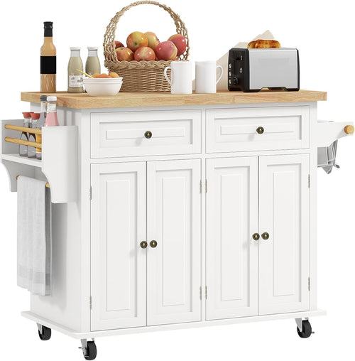 Rolling Kitchen Island Trolley with Drawers, Shelves & Rubber Wood Top 111x44cm