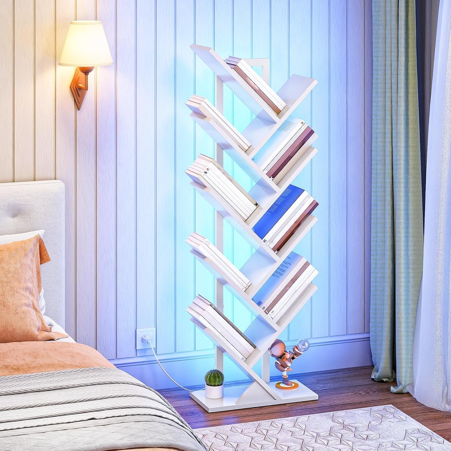 9 Tier Tree Bookshelf with LED Lights Modern Metal Frame Bookcase White