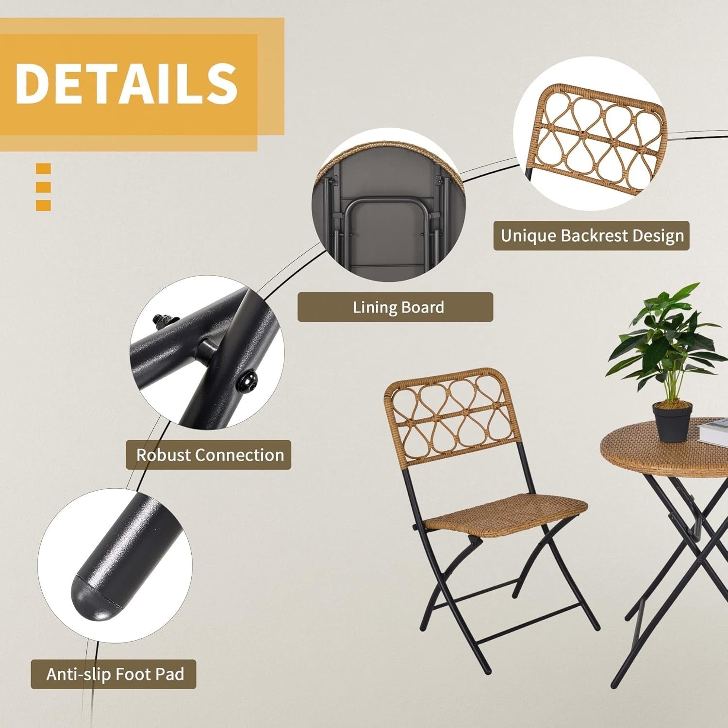 Folding Rattan Bistro Set 2 Chairs Round Table Compact Balcony Patio Set