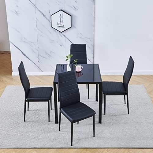 Square Glass Dining Table Set 4 Chairs Modern Space Saving Black Leather