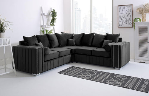 Black Velvet Corner Sofa 5 Seater | Foam Cushions | Scatterback | Chrome Legs