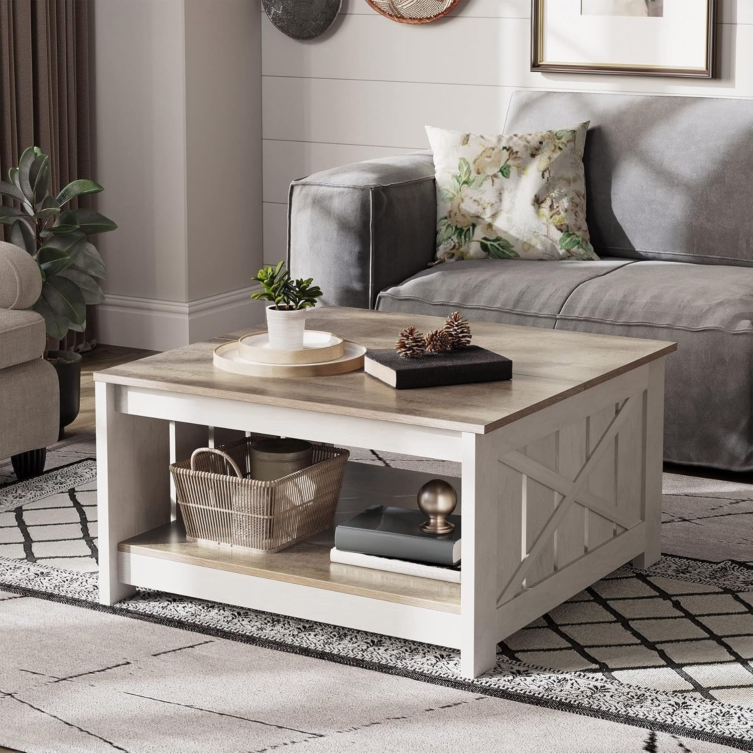 Square Rustic Coffee Table with Storage, Grey Wash Farmhouse Modern Design