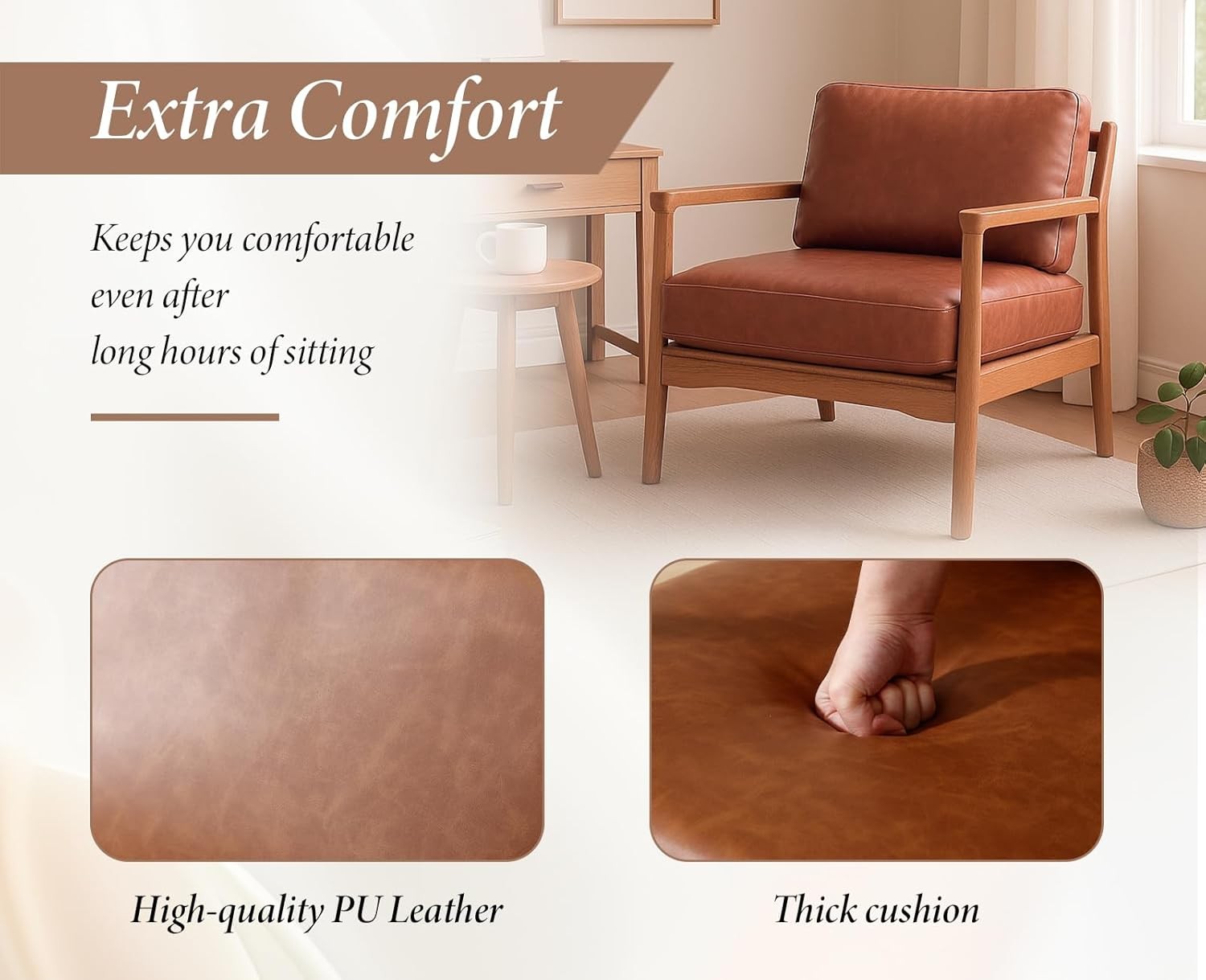 Brown PU Leather Accent Chair Retro Tub Armchair Wood Frame