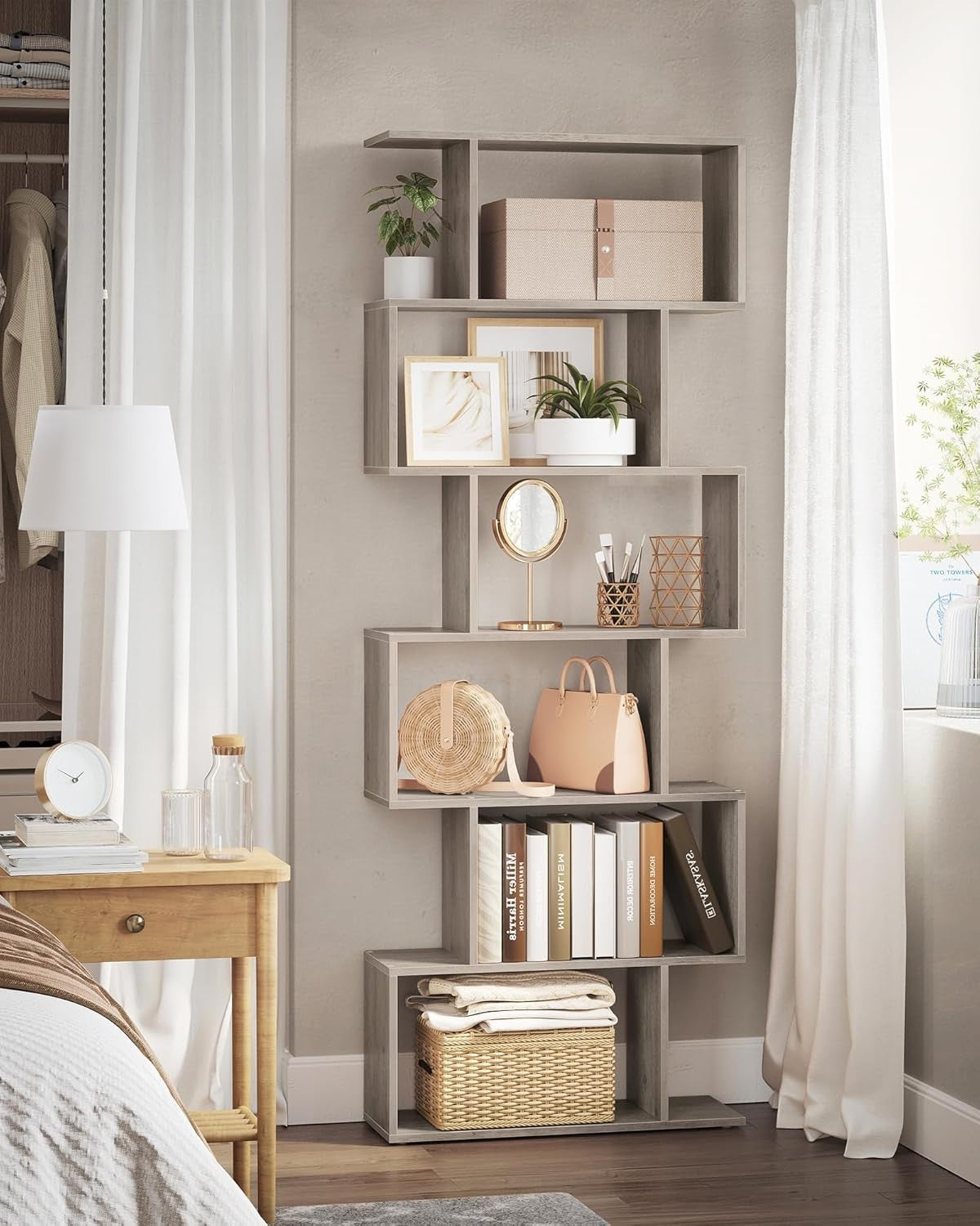 6 Tier Rustic Greige Bookcase S-Shaped Storage Shelf Room Divider 70x24x191cm