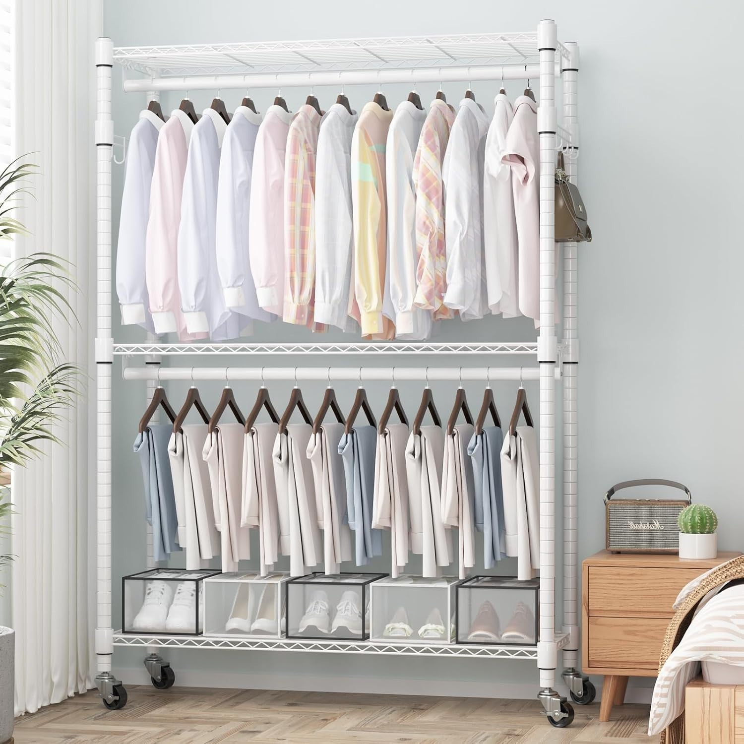 Heavy Duty Double Rod Clothes Rail 3-Tier with Wheels – White 205cm