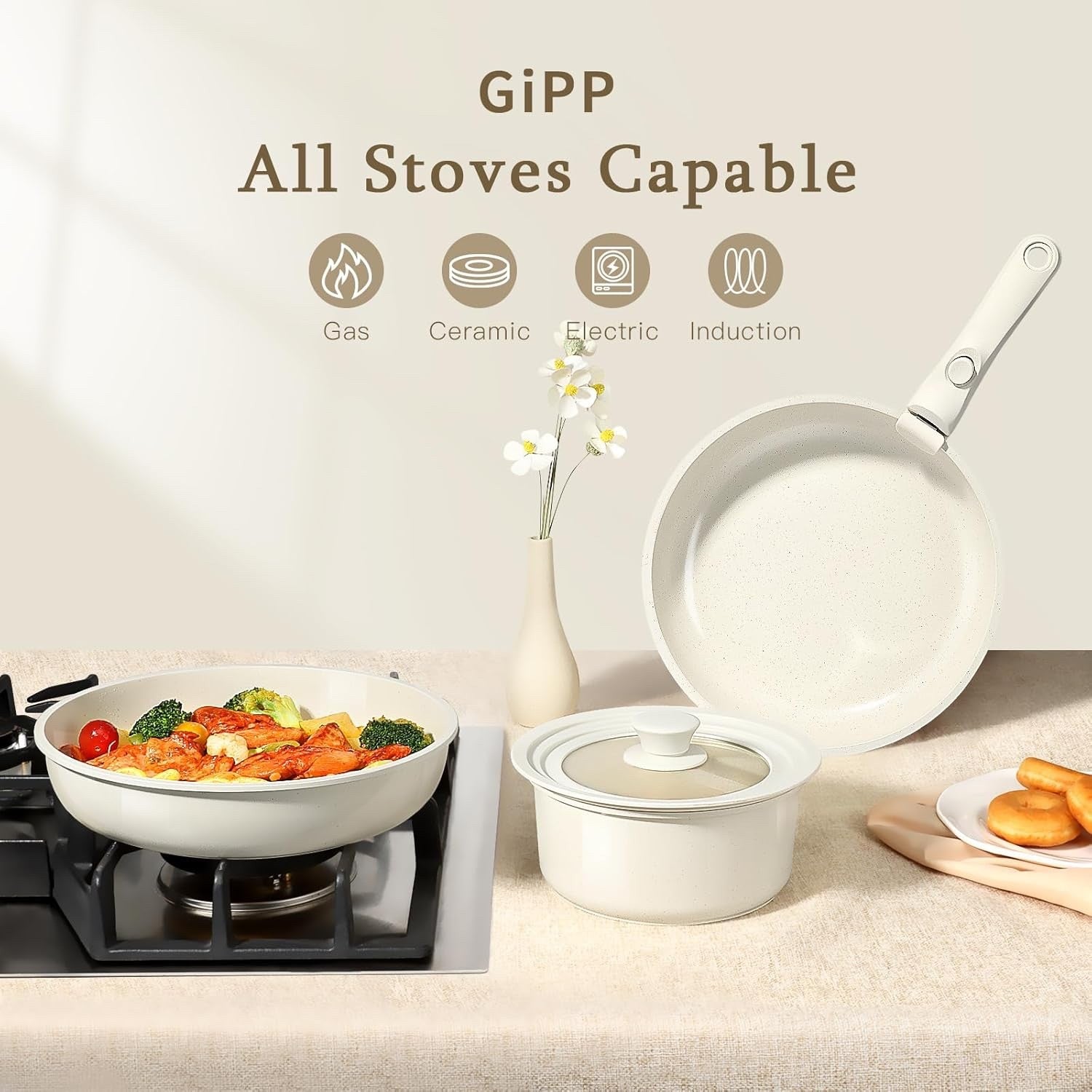 21Pcs Plus White Non Stick Cookware Set with Removable Handles Induction Safe