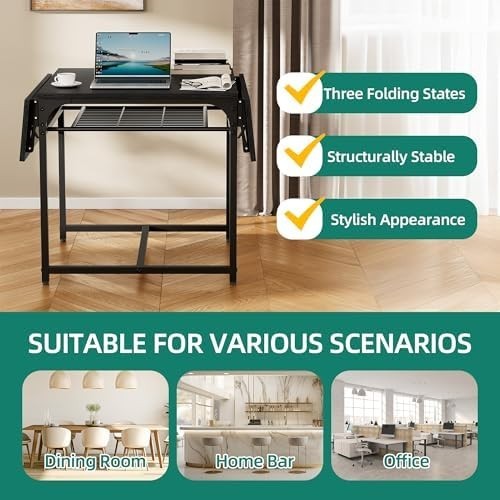 Black Folding Dining Table Drop Leaf with Storage 120cm