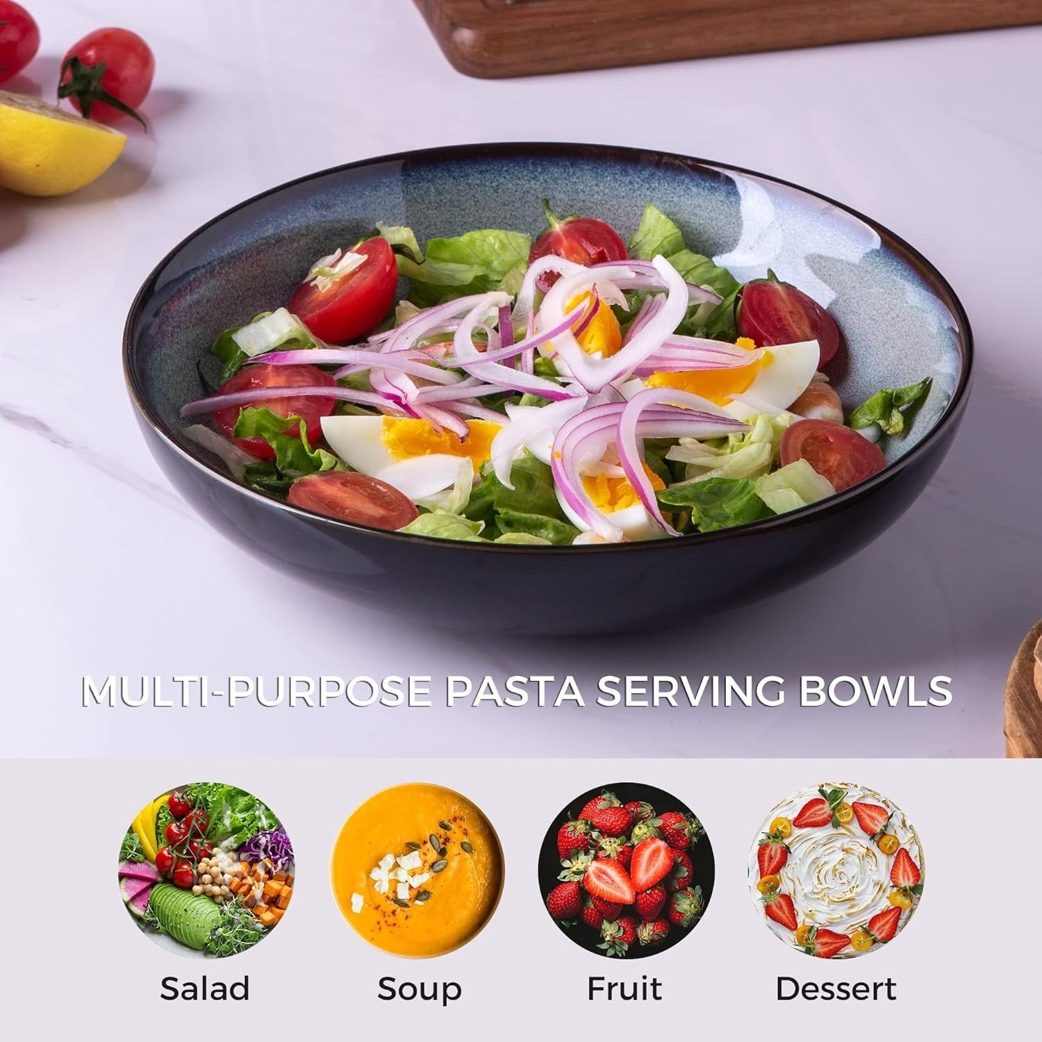 6x Large Pasta Bowls 22cm Scratch Resistant Stoneware Soup Noodle Bowls