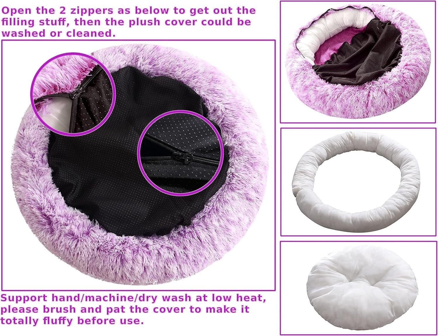 XXL Calming Donut Dog Bed 100cm Anti Anxiety Faux Fur Purple