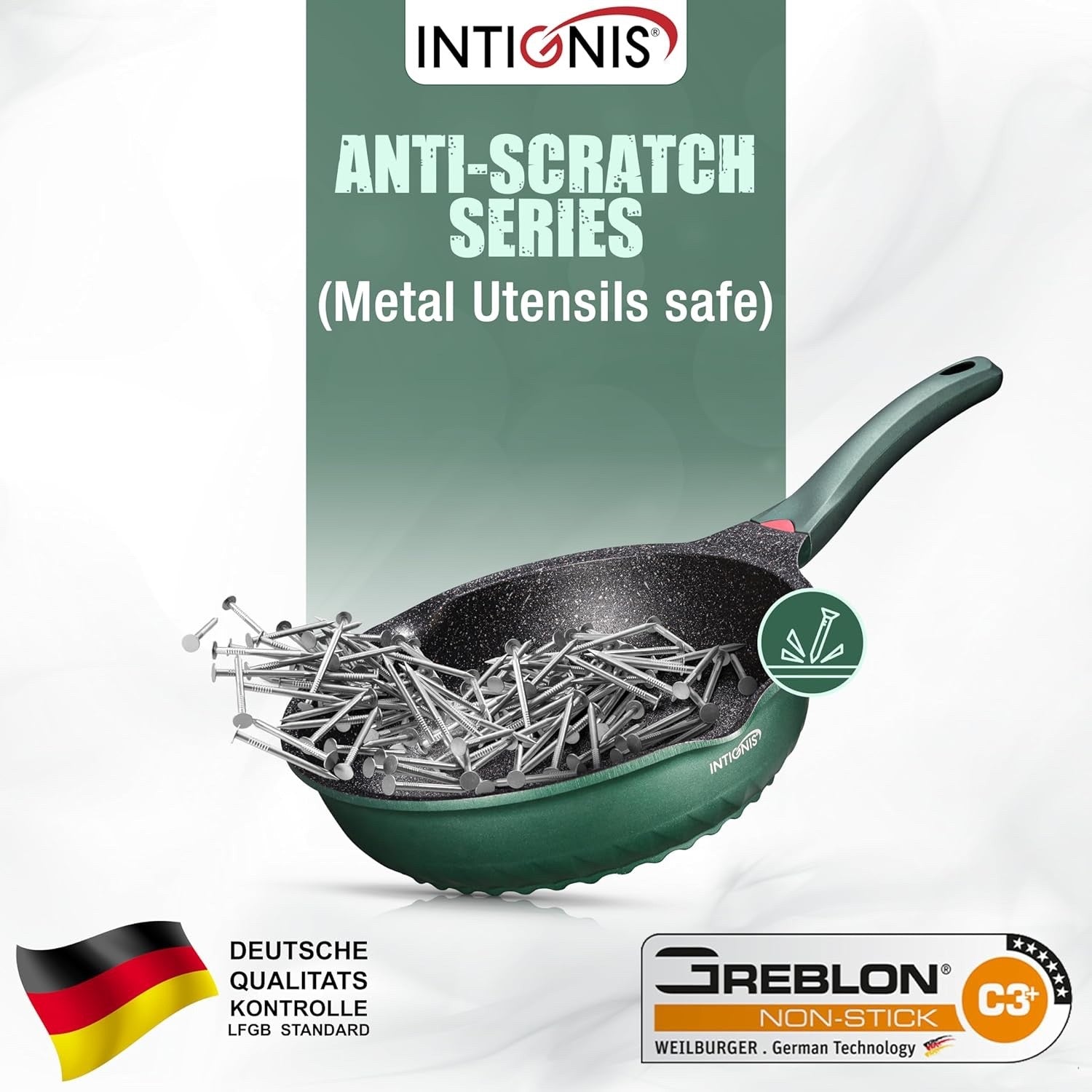 30cm Green Deep Non Stick Frying Pan with Lid  3in1 Skillet Sauté Pan & Mini Wok