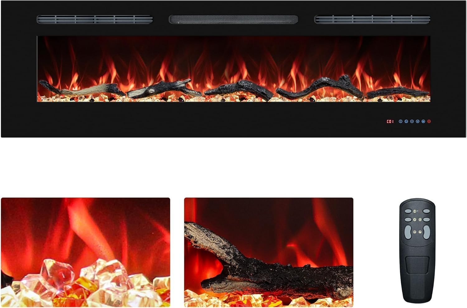 33” Electric Wall Mounted Fireplace Heater Touch Remote Multicolor Flame