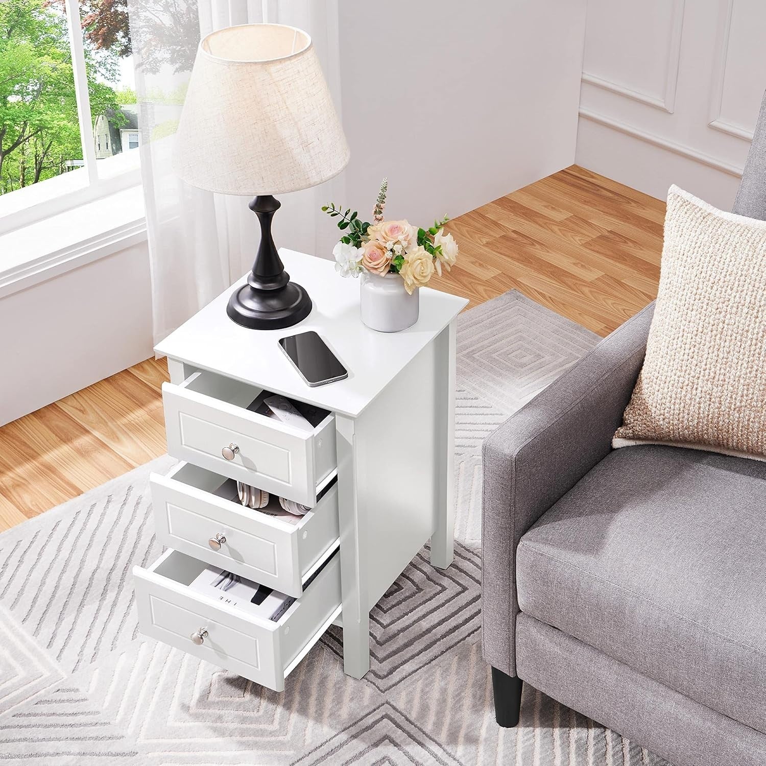 White Bedside Tables Set of 2 with 3 Drawers | Solid Wood Legs