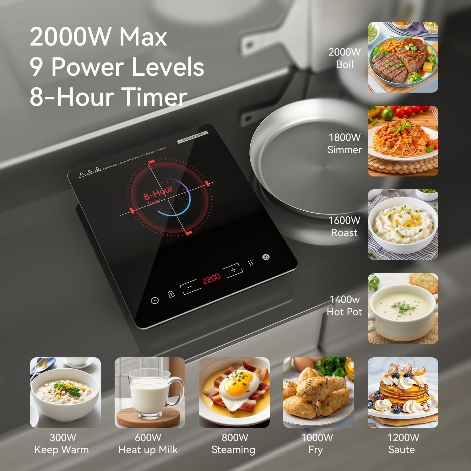 2000W Portable Induction Cooktop, 9 Power Levels, 8H Timer, Touch Control
