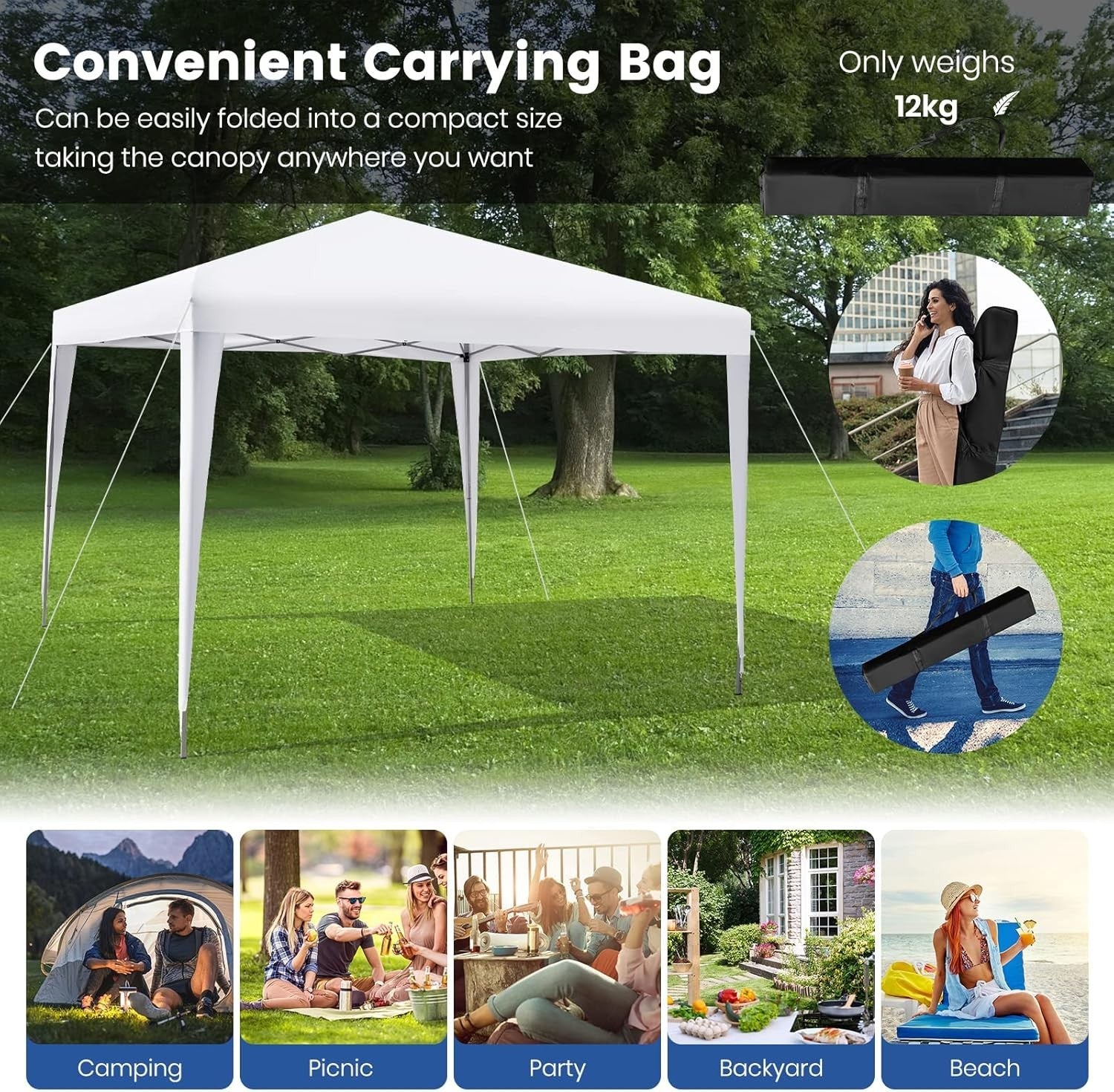 3x3m Pop Up Gazebo Adjustable Waterproof Outdoor Canopy w/ Bag White
