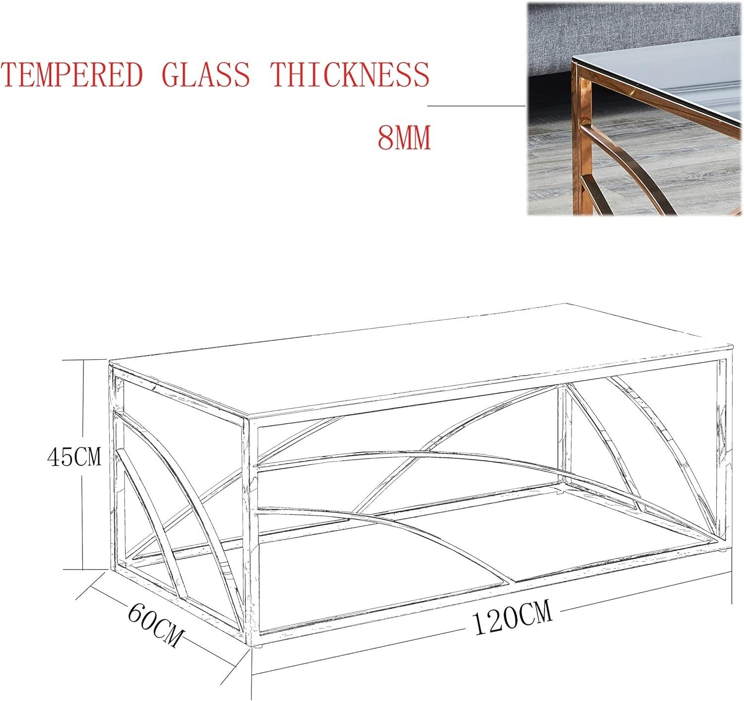 Gold Frame Coffee Table with Dark Grey Tempered Glass, 120x60cm