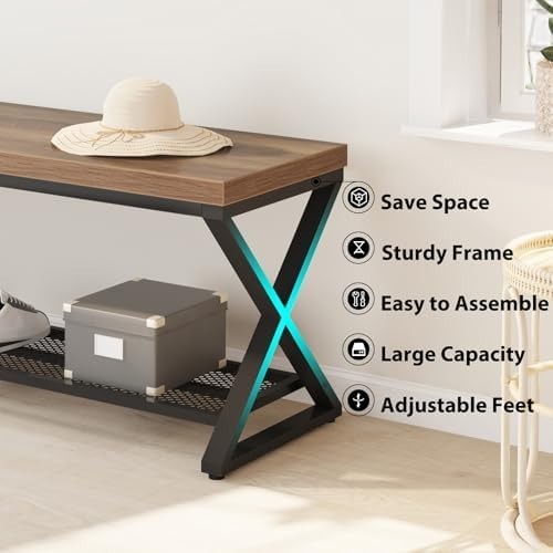 Rustic Oak Industrial Entryway Storage Bench Metal Frame Shoe Rack Seat 99x36x46