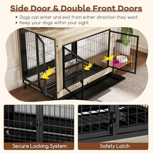 Luxury Indoor Dog Crate Furniture with Wheels, Pull-Out Tray & 3 Doors