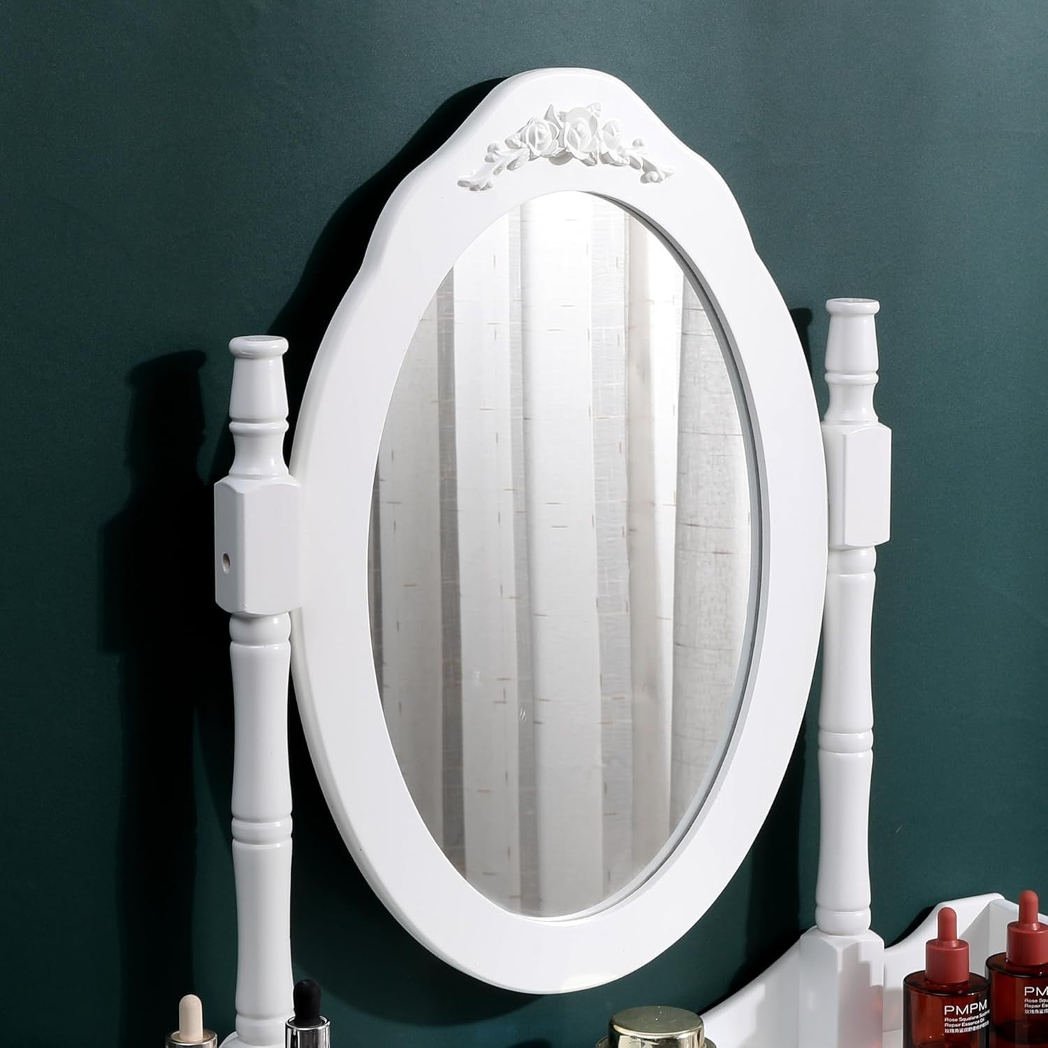 Vintage White Vanity Dressing Table Mirror Stool Set 3 Drawers Engineered Wood
