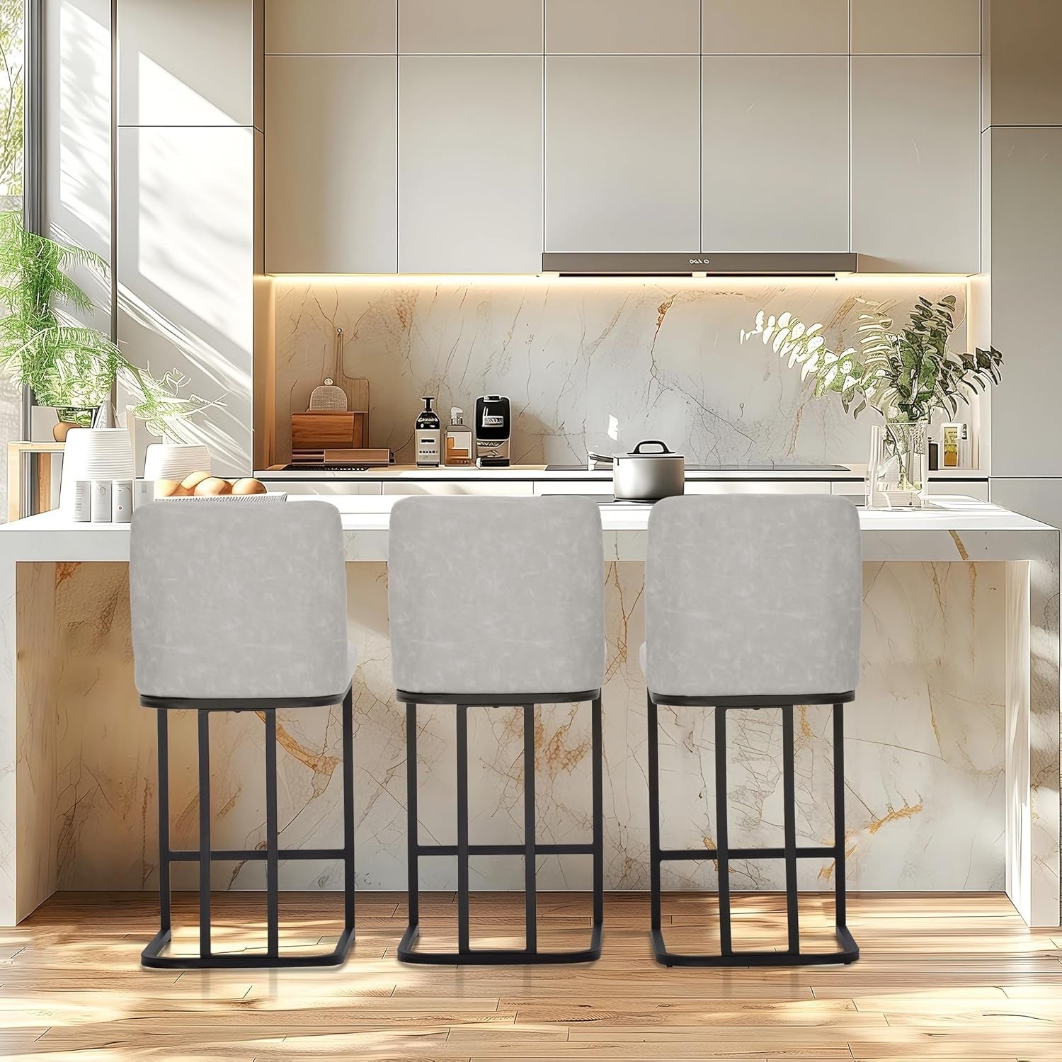 Set of 2 Light Grey PU Leather Bar Stools Modern Kitchen Counter Chairs
