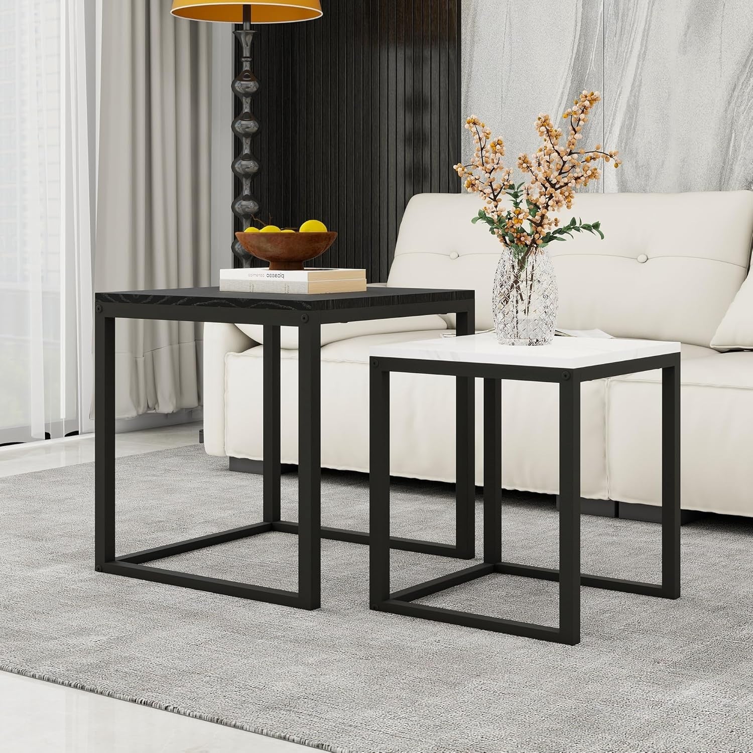 Nesting Coffee Table Set Modern 2PCS Black White Side End Tables Metal Wood